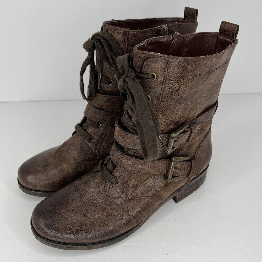 True Craft Katty 6" Double Buckle Brown Side Zipper Ankle Boot Womens Size 7.5M